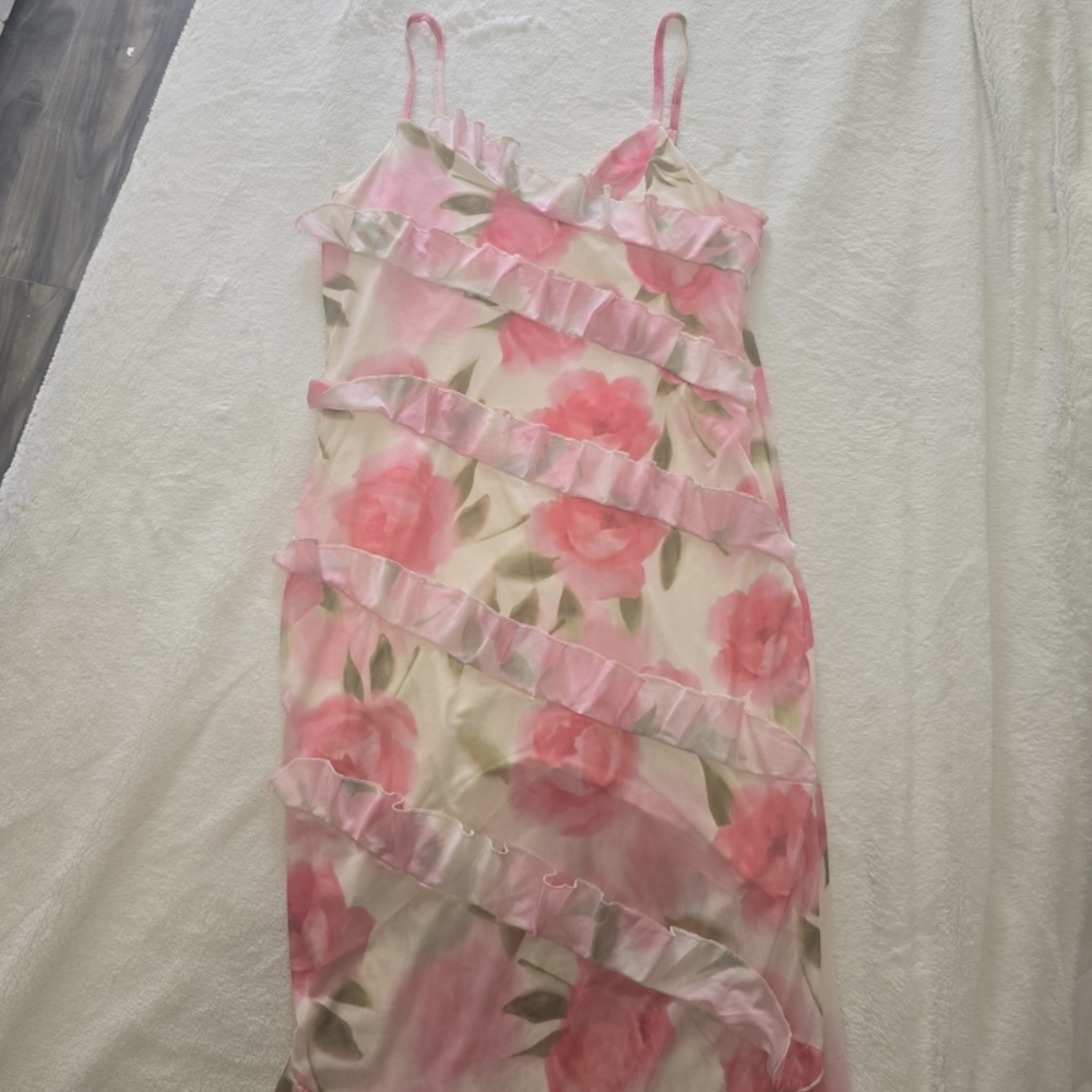 SHEIN Cream Slip Dress with Pink Floral Ruffles